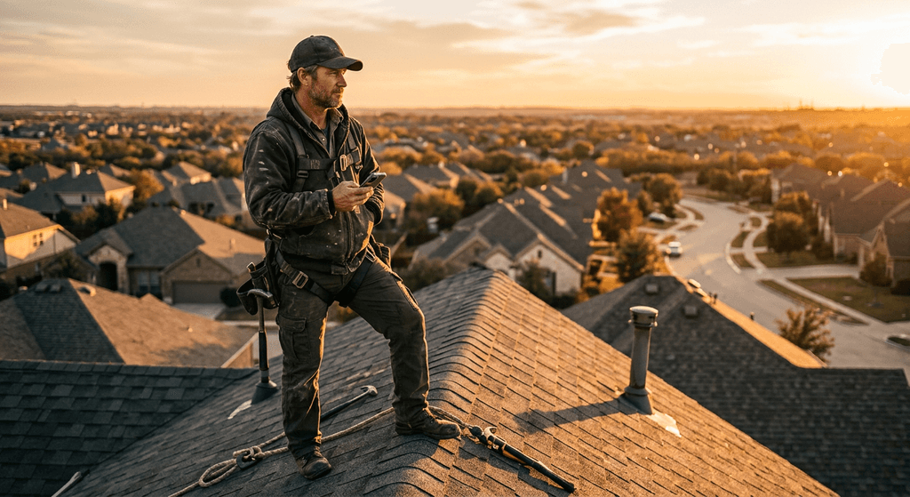 Roofing contractor on a roof at sunset